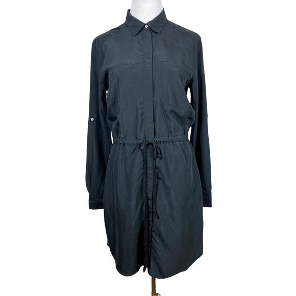 Lou & Grey Shirt Dress Womens Small Black Button Up Tie Waist Long Tabbed Sleeve - Picture 1 of 12